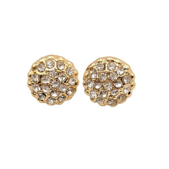 Small Button Earrings Clustered Clear Rhinestones Round Shaped Gold Tone - Picture 1 of 6
